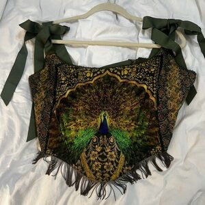 Dolls Kill Widow Satin Peacock Print Corset Top with Green Ties XXL